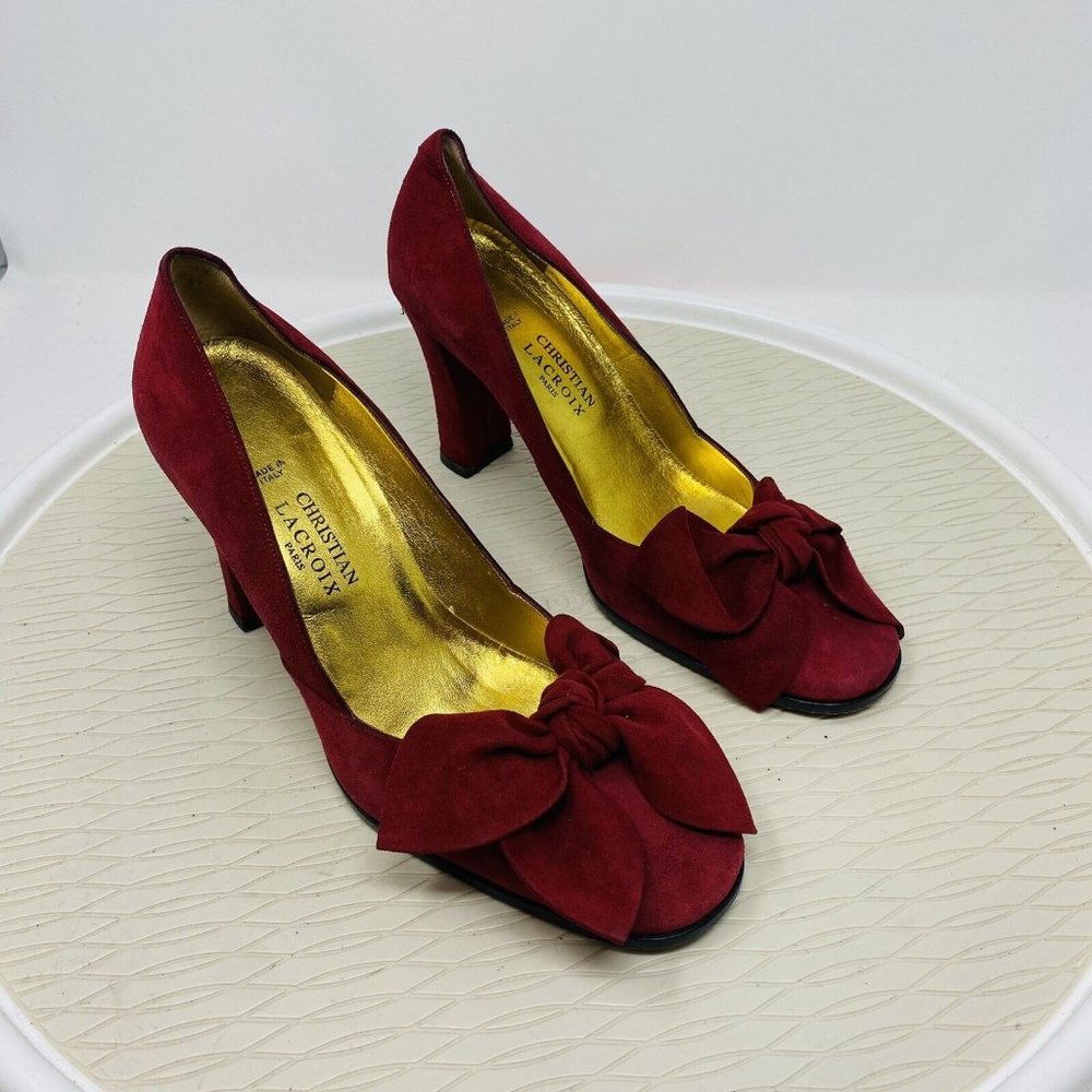 Christian Lacroix Heels 37 6.5 Red Bow Burgundy Wine Pumps Vintage Paris Shoes